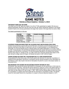 GAME NOTES Patriots at Miami Dolphins– October 4, 2010