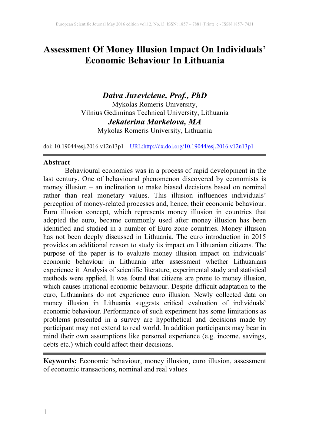 Assessment of Money Illusion Impact on Individuals' Economic Behaviour in Lithuania