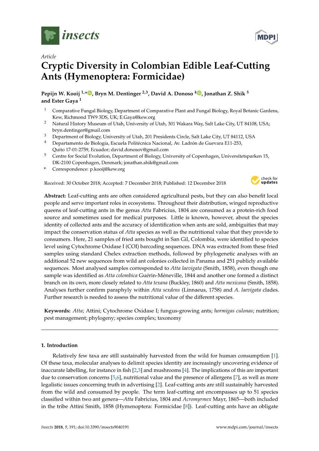 Cryptic Diversity in Colombian Edible Leaf-Cutting Ants (Hymenoptera: Formicidae)