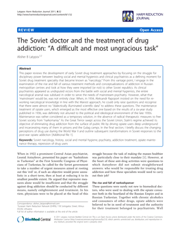 The Soviet Doctor and the Treatment of Drug Addiction: “A Difficult and Most Ungracious Task” Alisher B Latypov1,2