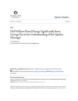 Did William Penn Diverge Significantly from George Fox in His Understanding of the Quaker Message? T