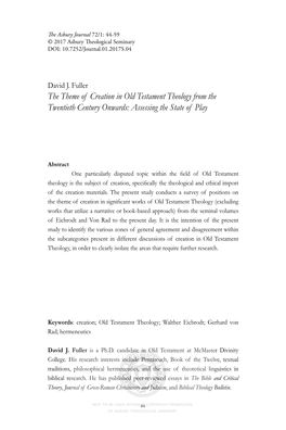 The Theme of Creation in Old Testament Theology from the Twentieth Century Onwards: Assessing the State of Play