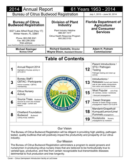 2014 Annual Report 61 Years 1953 - 2014 Bureau of Citrus Budwood Registration July 1, 2013 – June 30, 2014