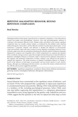 Repetive Maladaptive Behavior: Beyond Repetition Compulsion