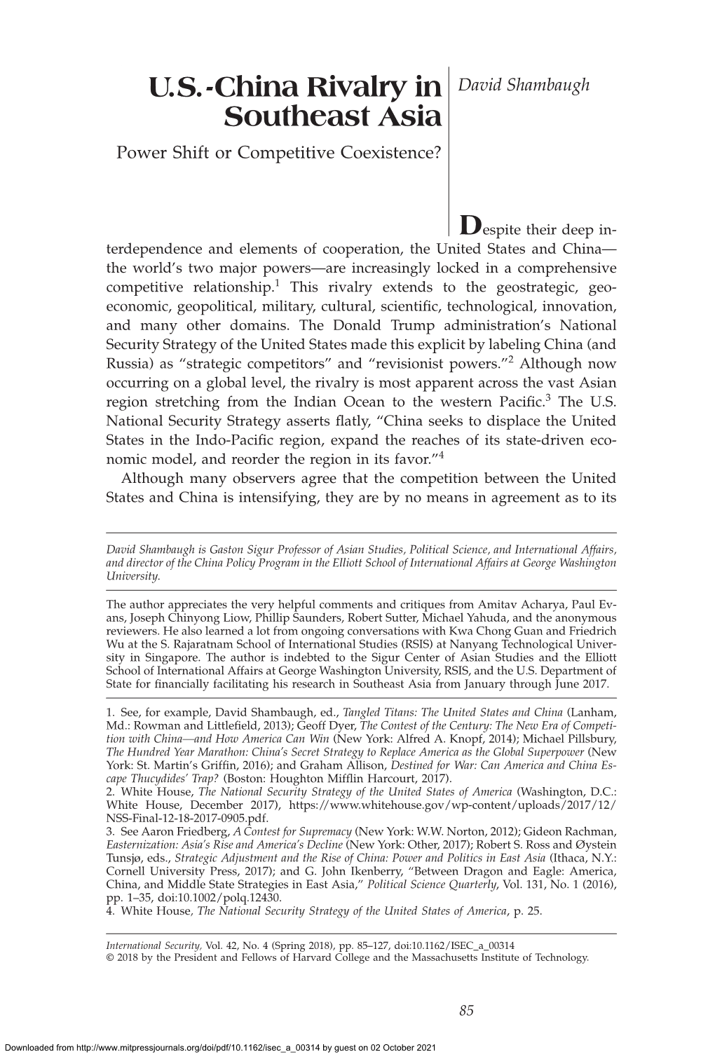 U.S.-China Rivalry in Southeast Asia U.S.-China Rivalry in David Shambaugh Southeast Asia Power Shift Or Competitive Coexistence?