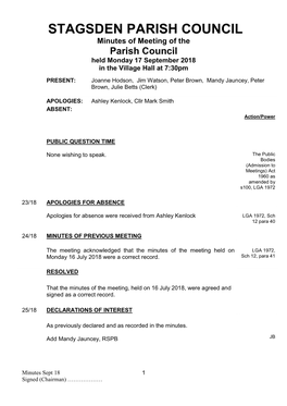 STAGSDEN PARISH COUNCIL Minutes of Meeting of the Parish Council Held Monday 17 September 2018 in the Village Hall at 7:30Pm