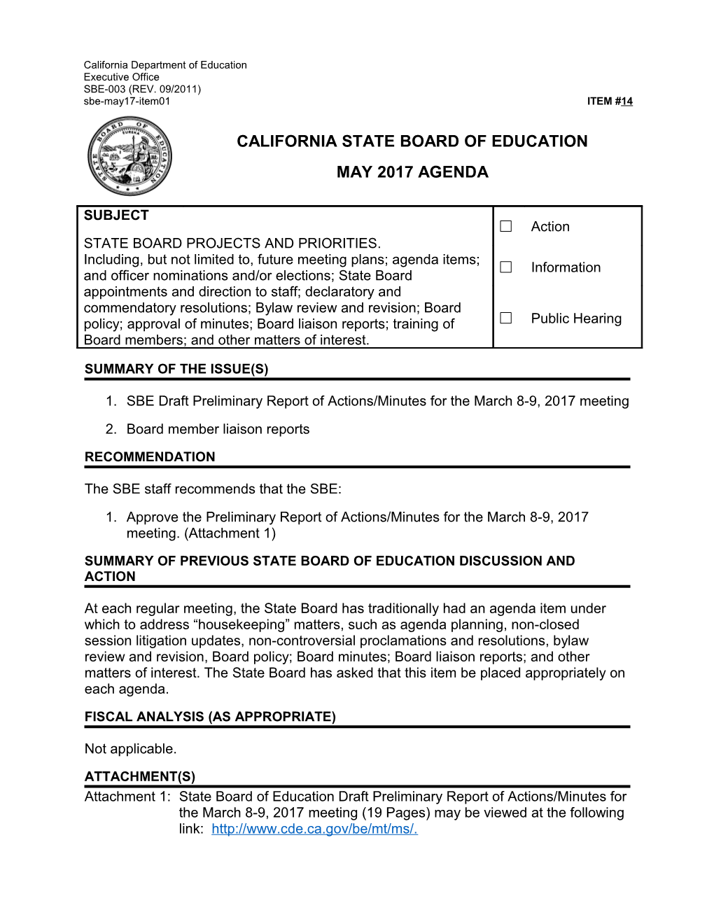 May 2017 Agenda Item 14 - Meeting Agendas (CA State Board of Education)