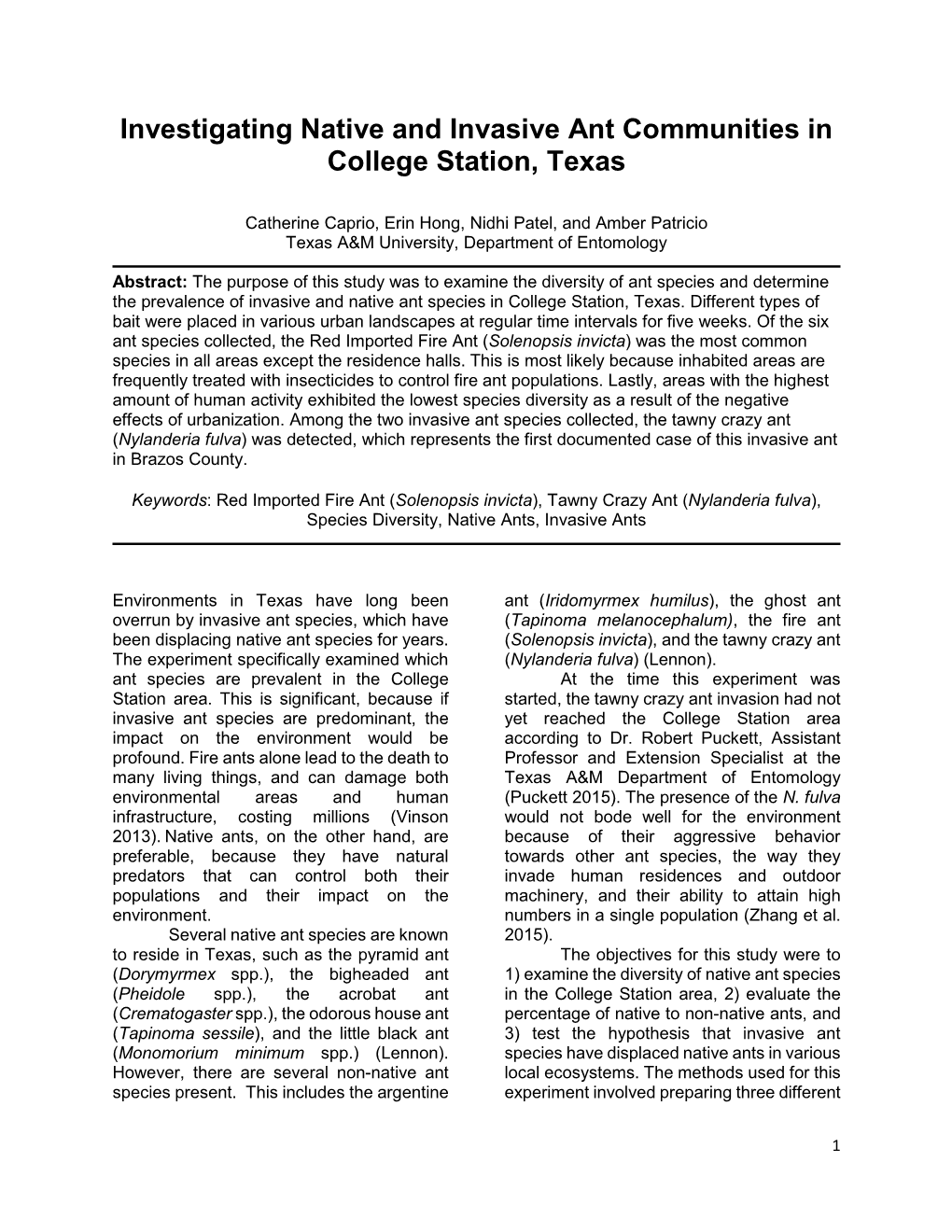 Investigating Native and Invasive Ant Communities in College Station, Texas