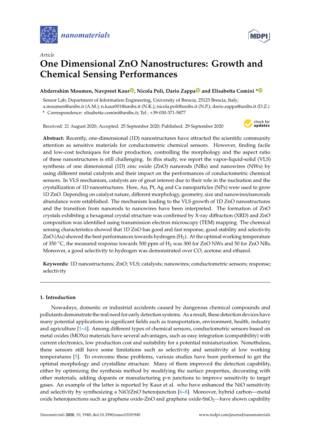 One Dimensional Zno Nanostructures: Growth and Chemical Sensing Performances