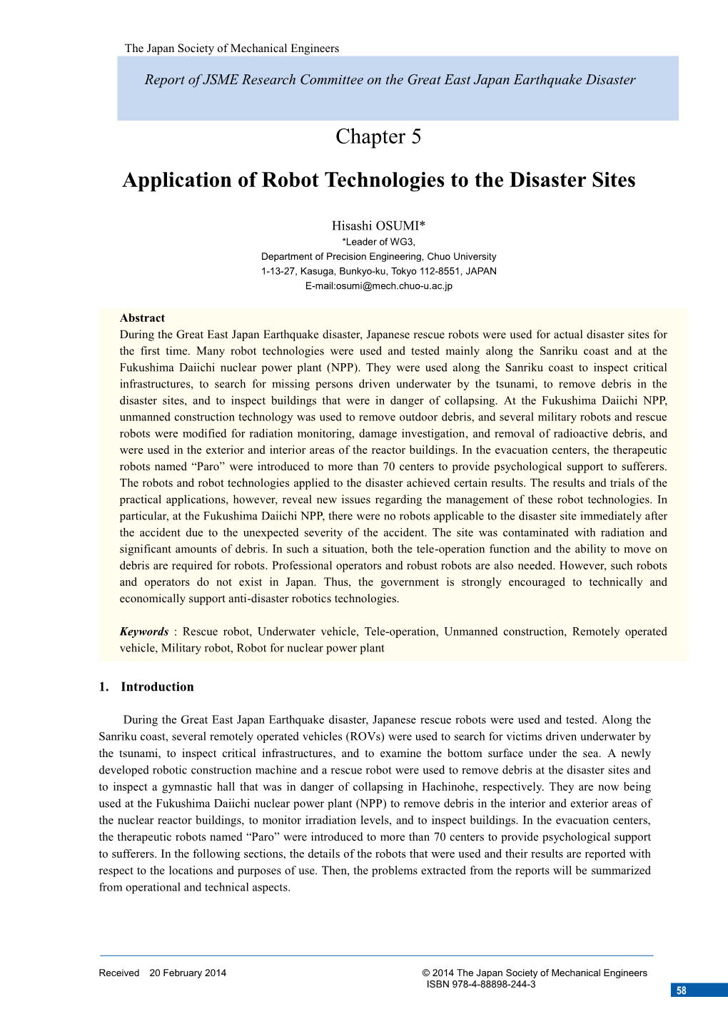 Chapter 5 Application of Robot Technologies to the Disaster Sites