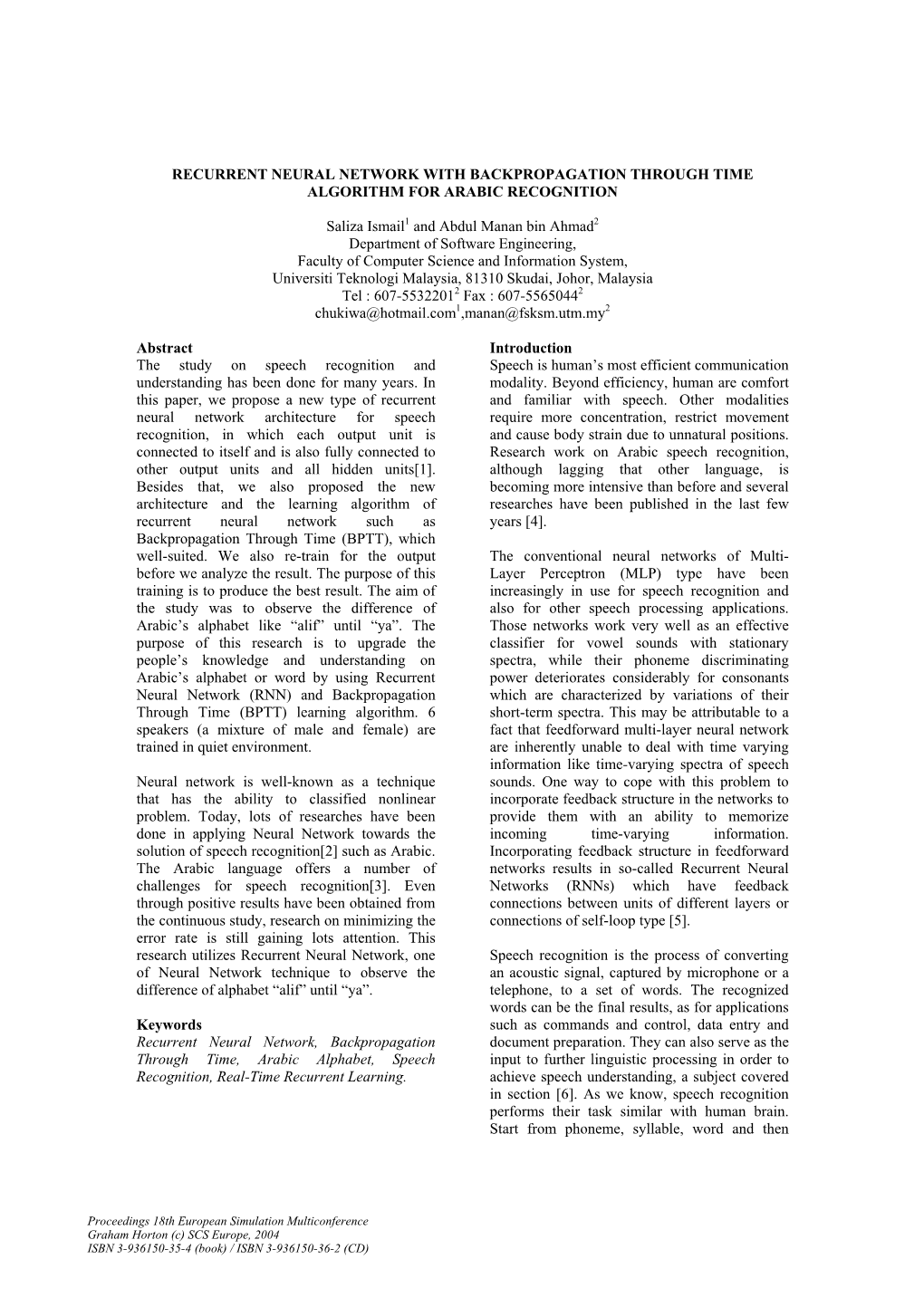 Recurrent Neural Network with Backpropagation Through Time Algorithm for Arabic Recognition