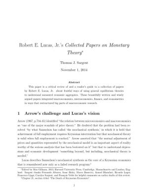 Robert E. Lucas, Jr.’S Collected Papers on Monetary Theory∗