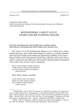 Kochanowski, Lament 16.29-32: Cicero and His Ultimate Failure