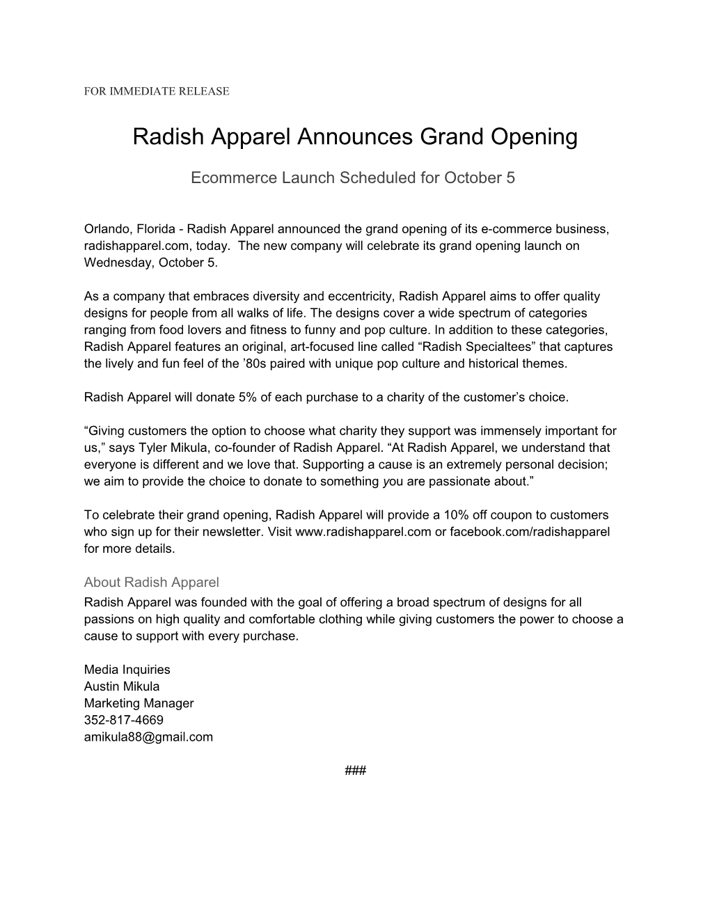 Radish Apparel Announces Grand Opening