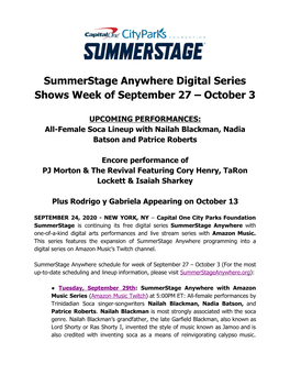 Summerstage Anywhere Digital Series Shows Week of September 27 – October 3