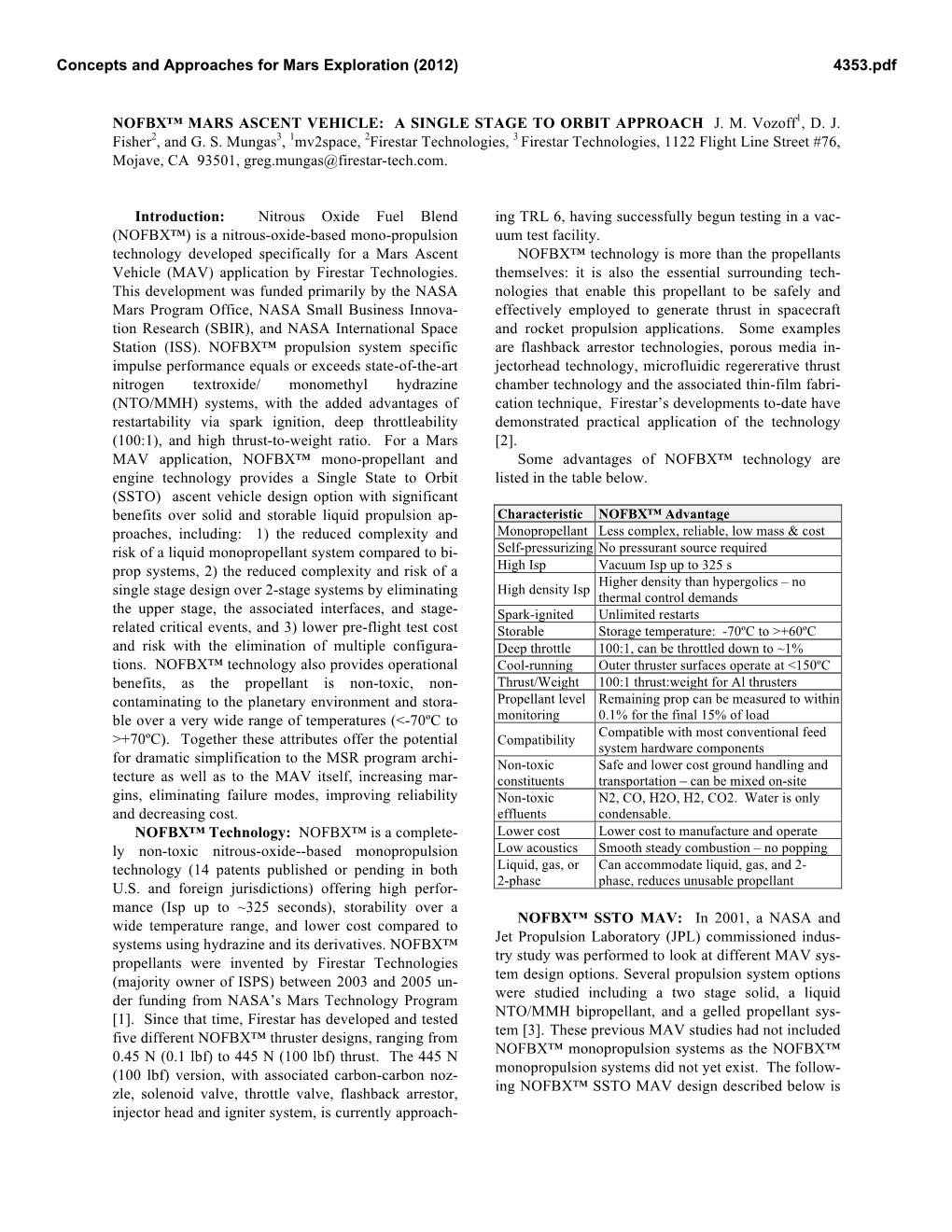 Nofbx™ Mars Ascent Vehicle: a Single Stage to Orbit Approach J