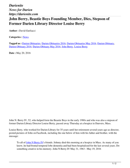 John Berry, Beastie Boys Founding Member, Dies, Stepson of Former Darien Library Director Louise Berry