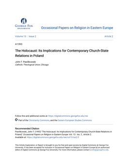 The Holocaust: Its Implications for Contemporary Church-State Relations in Poland