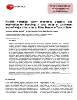Rainfall Variation, Water Resources Potential and Implication for Flooding: a Case Study of Catchment Area of Major Tributaries to River Benue in Taraba State