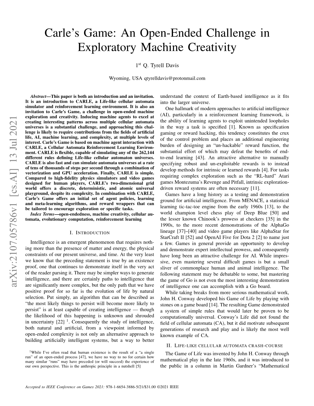 Carle's Game: an Open-Ended Challenge in Exploratory Machine