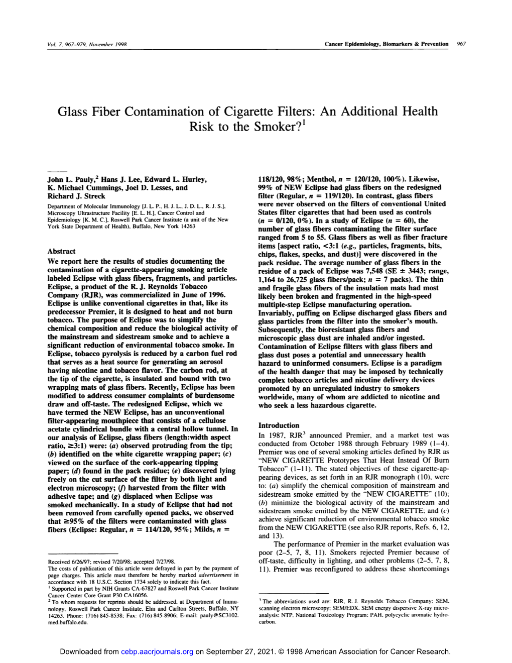 Glass Fiber Contamination of Cigarette Filters: an Additional Health Risk to the Smoker?'