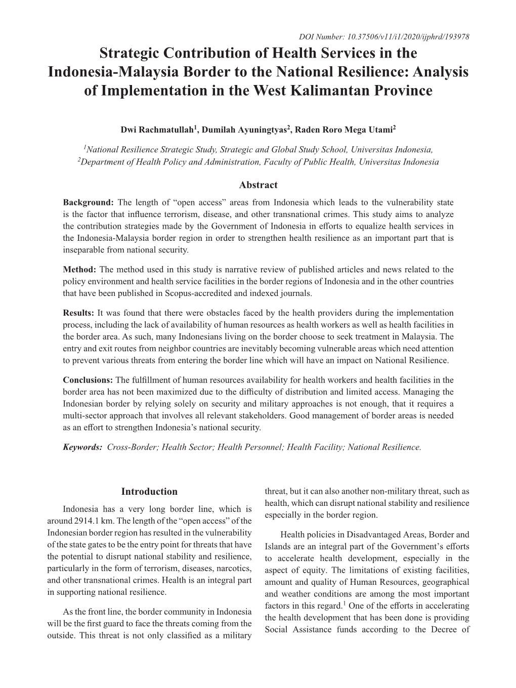 Strategic Contribution of Health Services in the Indonesia‑Malaysia Border to the National Resilience: Analysis of Implementation in the West Kalimantan Province