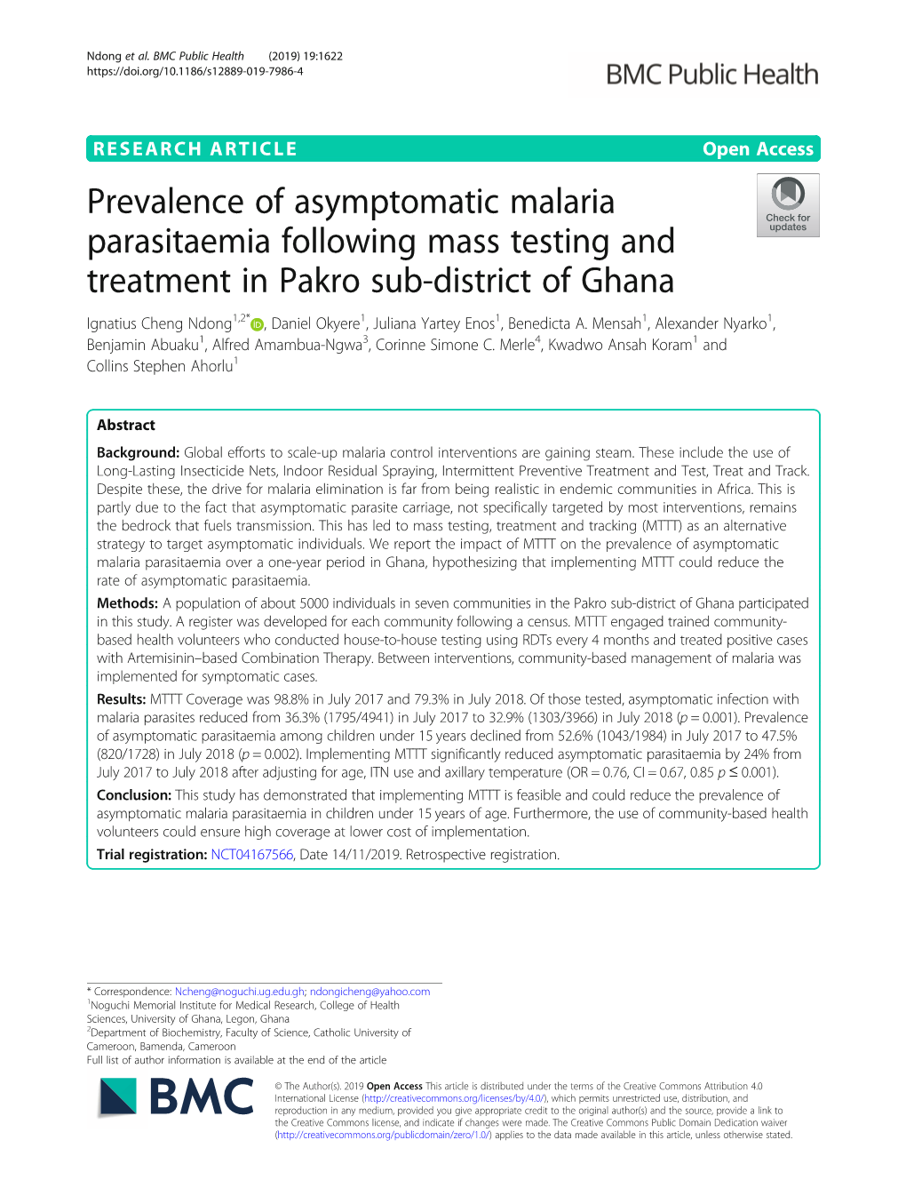 Prevalence of Asymptomatic Malaria Parasitaemia Following Mass Testing