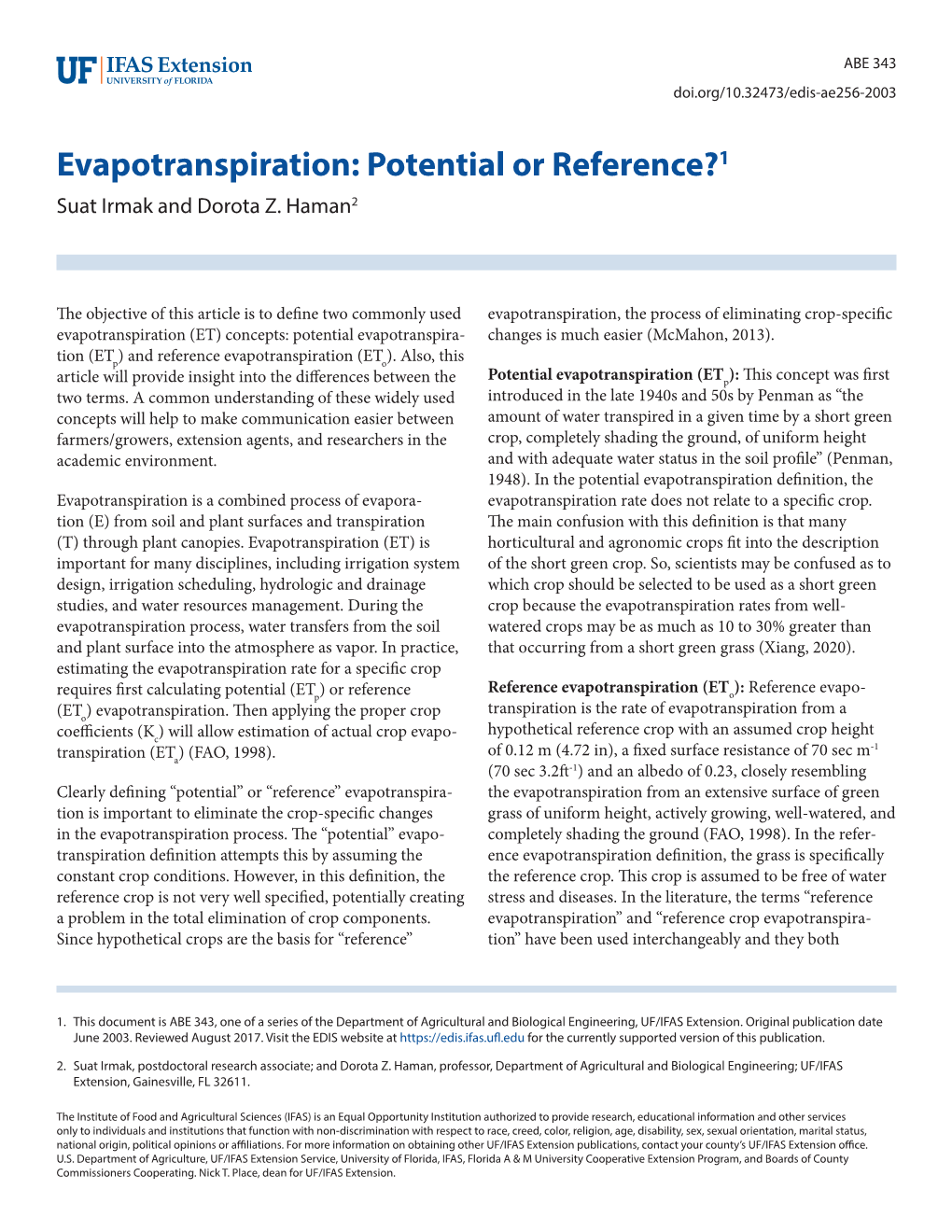 Evapotranspiration: Potential Or Reference?1 Suat Irmak and Dorota Z