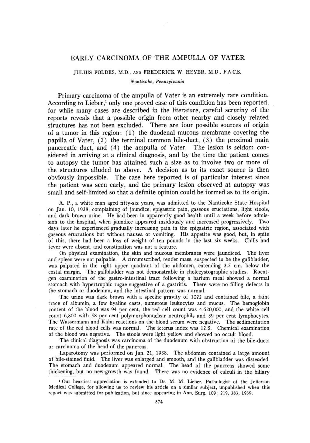 EARLY CARCINOMA of the AMPULLA of VATER Primary