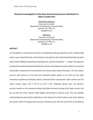Numerical Investigation of the Three-Dimensional Pressure Distribution in Taylor Couette Flow