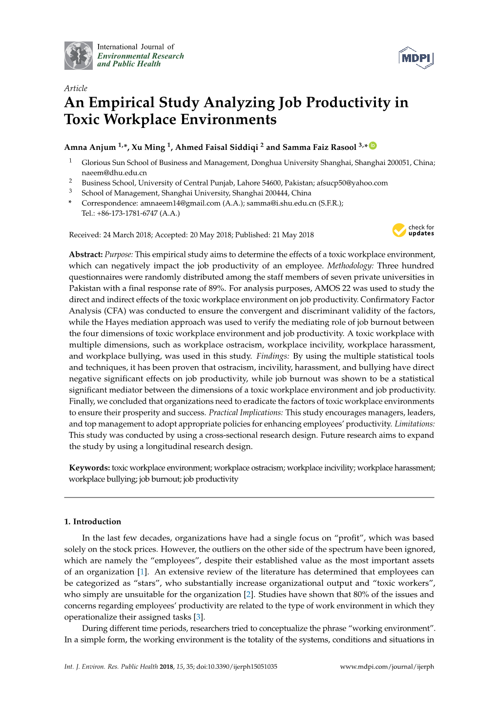 An Empirical Study Analyzing Job Productivity in Toxic Workplace Environments