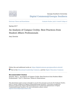 An Analysis of Campus Civility: Best Practices from Student Affairs Professionals