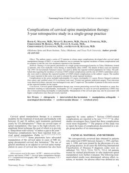 Complications of Cervical Spine Manipulation Therapy: 5-Year Retrospective Study in a Single-Group Practice