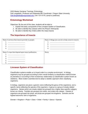 Entomology Worksheet the Importance of Insects Linnaean