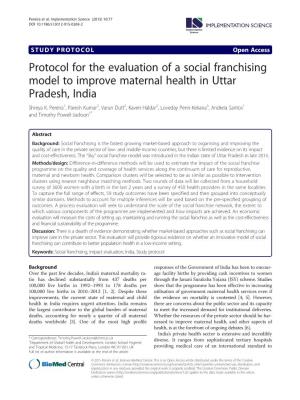 Protocol for the Evaluation of a Social Franchising Model to Improve Maternal Health in Uttar Pradesh, India Shreya K
