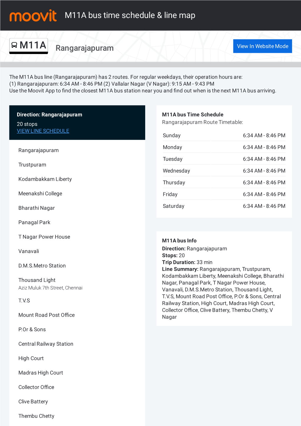 M11A Bus Time Schedule & Line Route