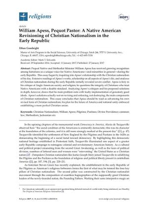 William Apess, Pequot Pastor: a Native American Revisioning of Christian Nationalism in the Early Republic