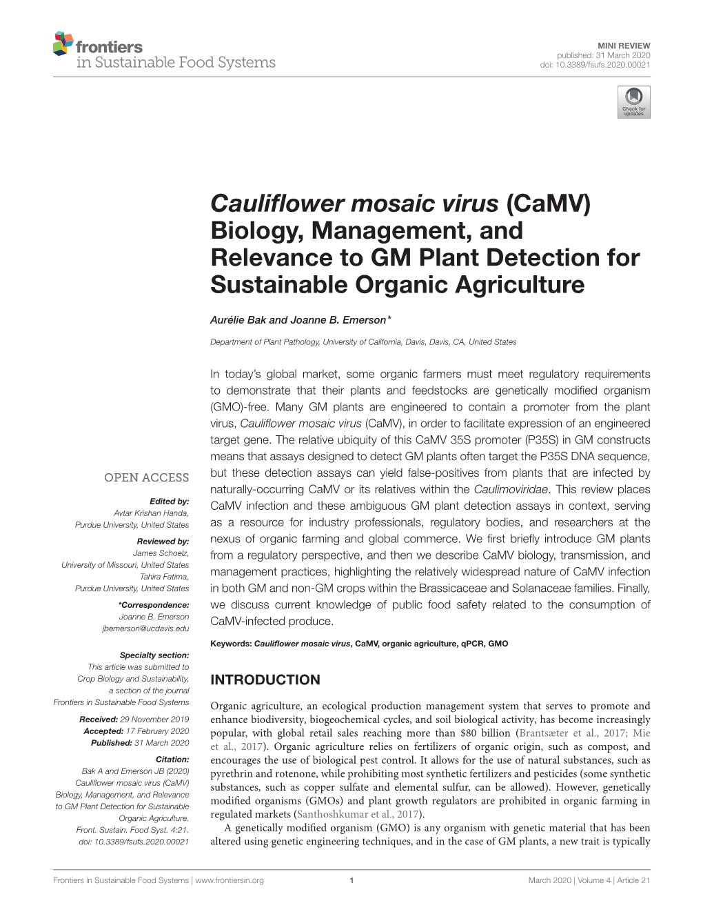 Cauliflower Mosaic Virus (Camv) Biology, Management, And