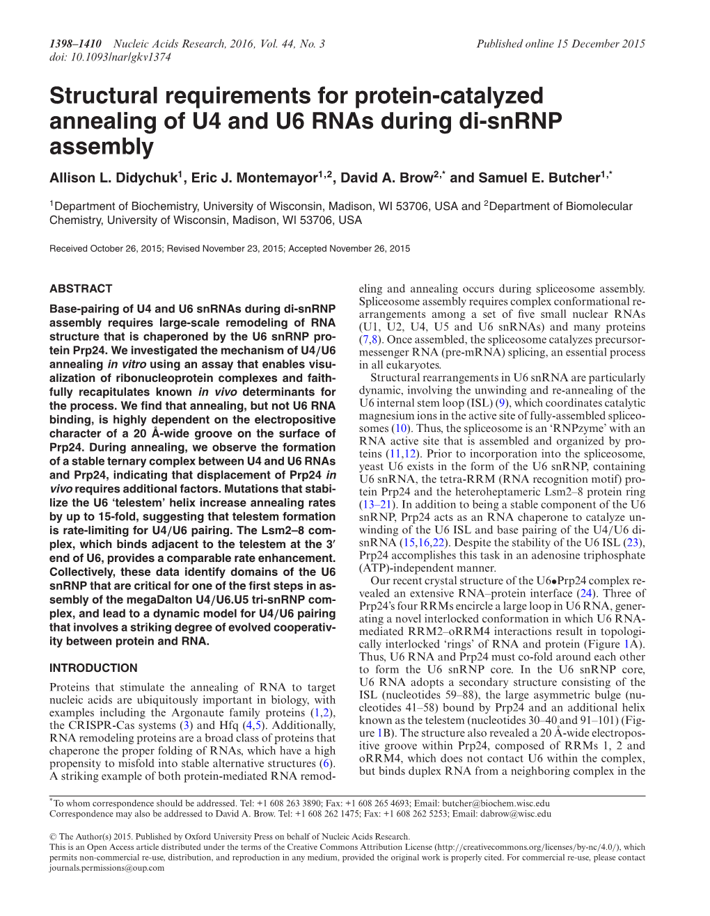 Structural Requirements for Protein-Catalyzed Annealing of U4 and U6 Rnas During Di-Snrnp Assembly Allison L