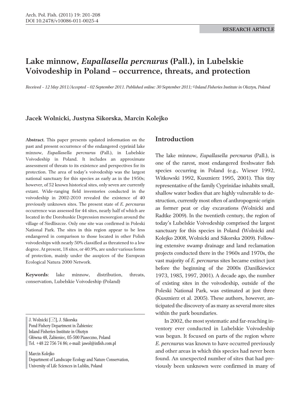 Lake Minnow, Eupallasella Percnurus (Pall.), in Lubelskie Voivodeship in Poland – Occurrence, Threats, and Protection