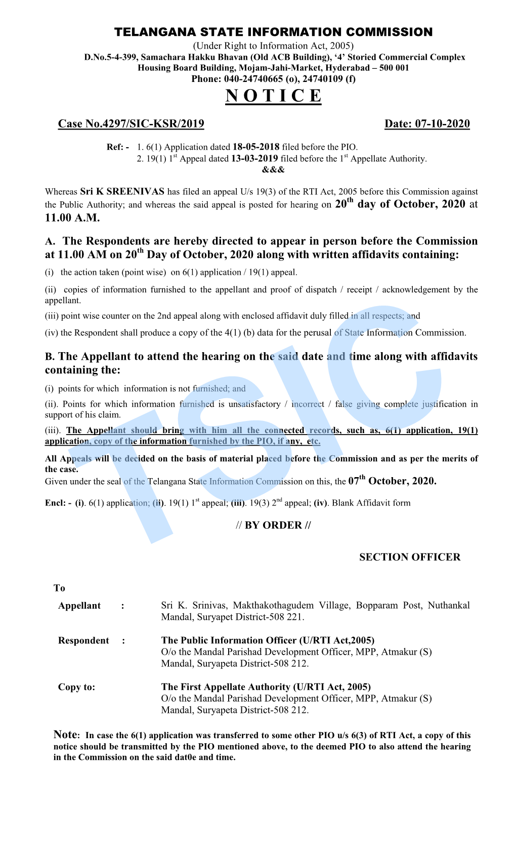 4297/SIC-KSR/2019 Date: 07-10-2020