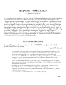 Benjamin Thomas Greer Curriculum Vitae