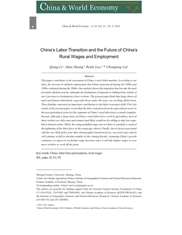 China's Labor Transition and the Future of China's Rural Wages And