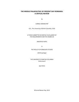 The Middle Palaeolithic of Present Day Romania: a Critical Review