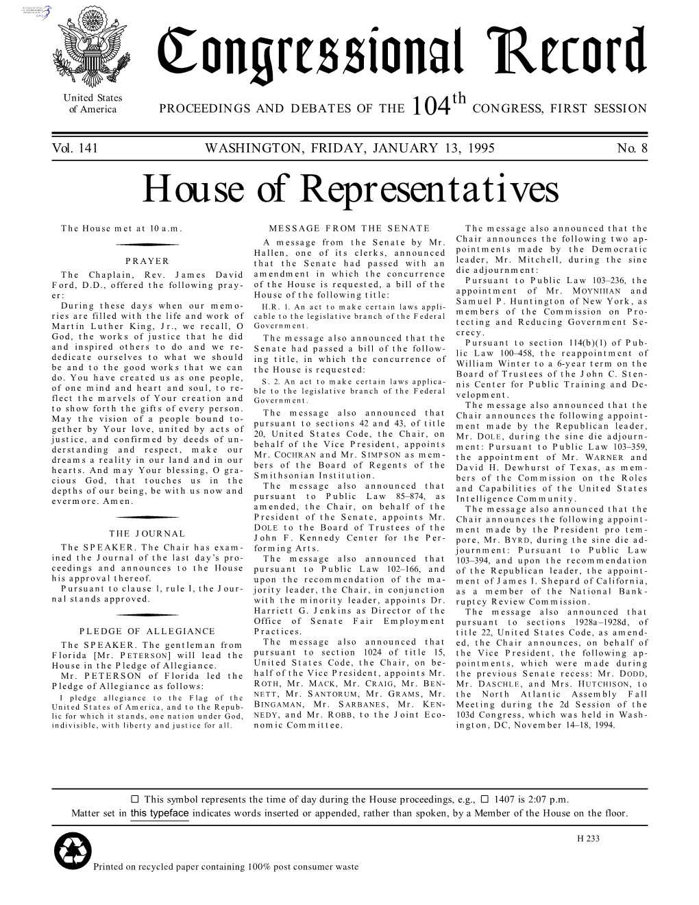 Congressional Record United States Th of America PROCEEDINGS and DEBATES of the 104 CONGRESS, FIRST SESSION