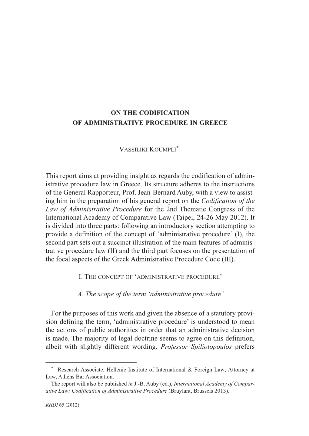 On the Codification of Administrative Procedure in Greece