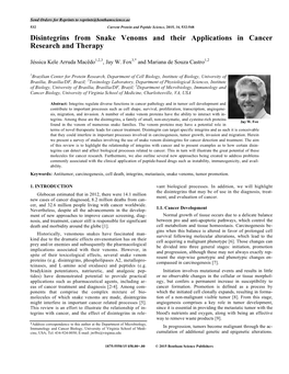 Disintegrins from Snake Venoms and Their Applications in Cancer Research and Therapy