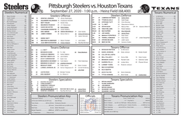 Pittsburgh Steelers Vs. Houston Texans Steelers Numerical September 27, 2020 - 1:00 P.M