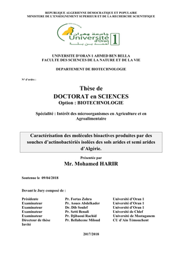Thèse De DOCTORAT En SCIENCES Option : BIOTECHNOLOGIE