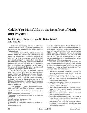 Calabi-Yau Manifolds at the Interface of Math and Physics by Shiu-Yuen Cheng*, Lizhen Ji†, Liping Wang‡, and Hao Xu§
